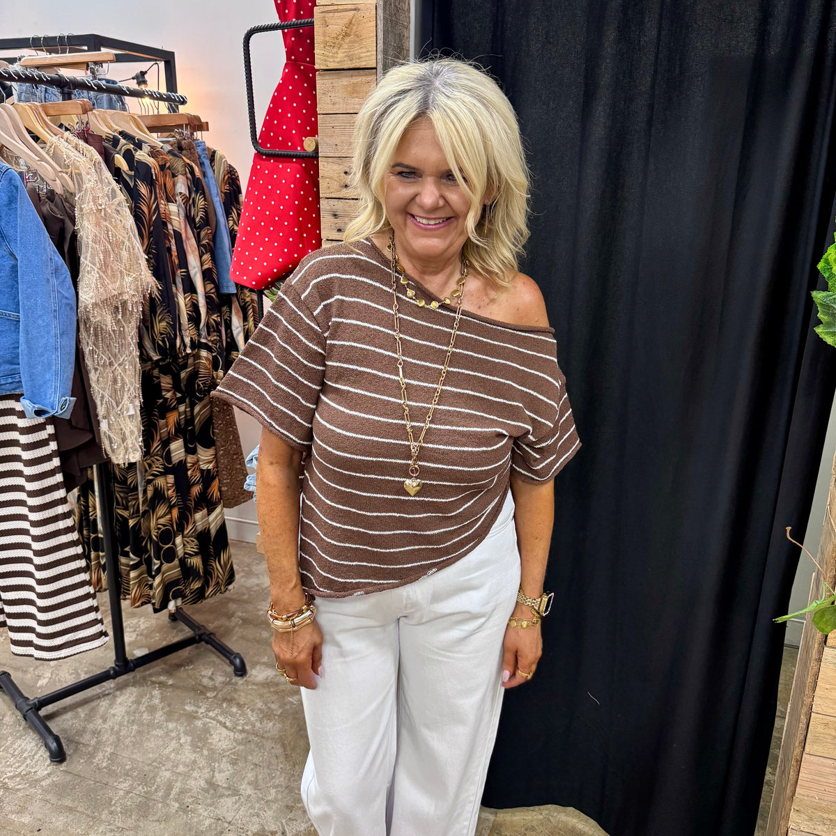Dallas One Shoulder Knit - Choc/White