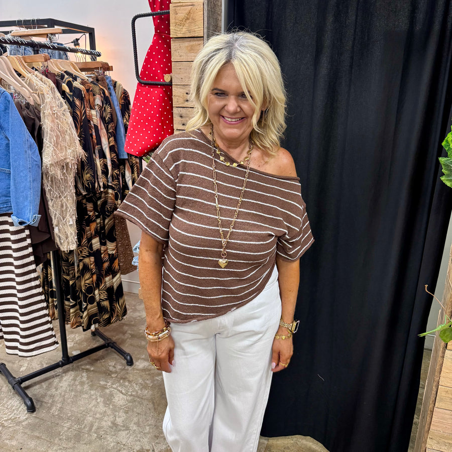 Dallas One Shoulder Knit - Choc/White