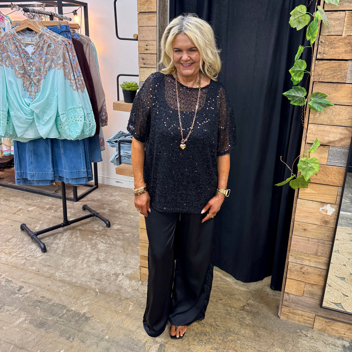 By Frankie Sequin Top Satin Pant Set - Black