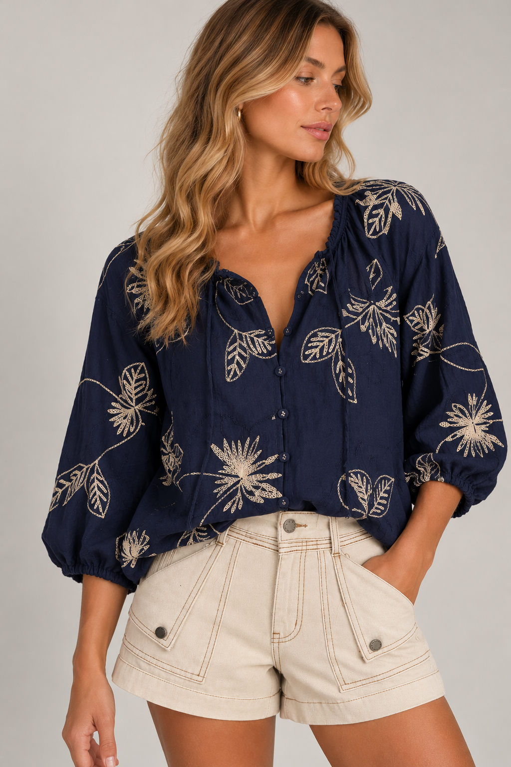 Blake Embroided Blouse - Navy
