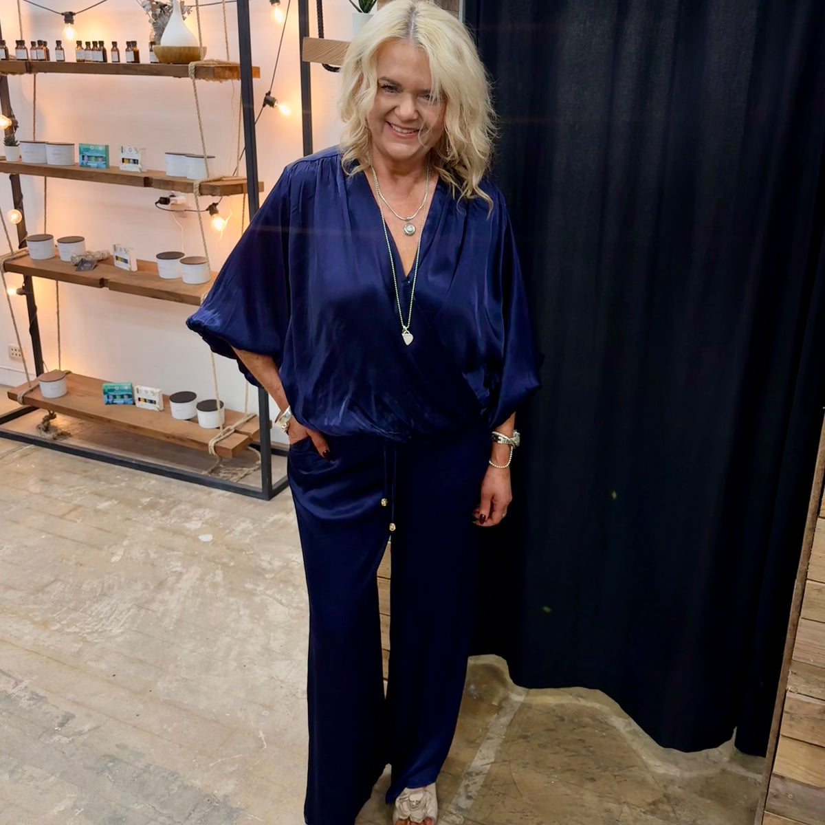 Ezra Satin Blouse - Navy