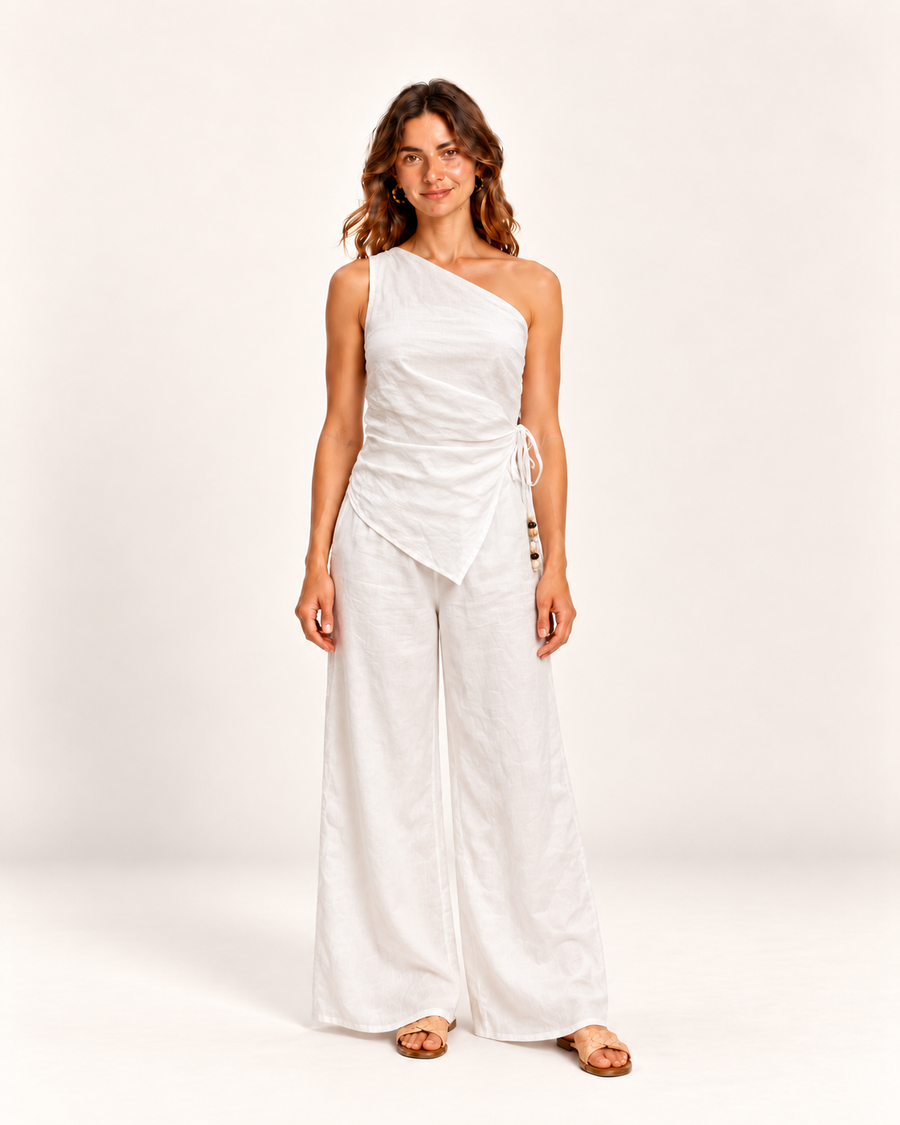 Zari The Label - White One Shoulder Pant Set